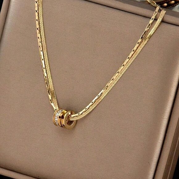 Silver Casual Women's Stainless Steel Round Cz Inlaid Double Layer Necklace - Picture 5 of 14